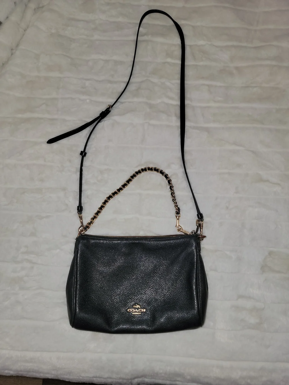 Coach Black Pebbled Leather Crossbody with Gold Chain Detail